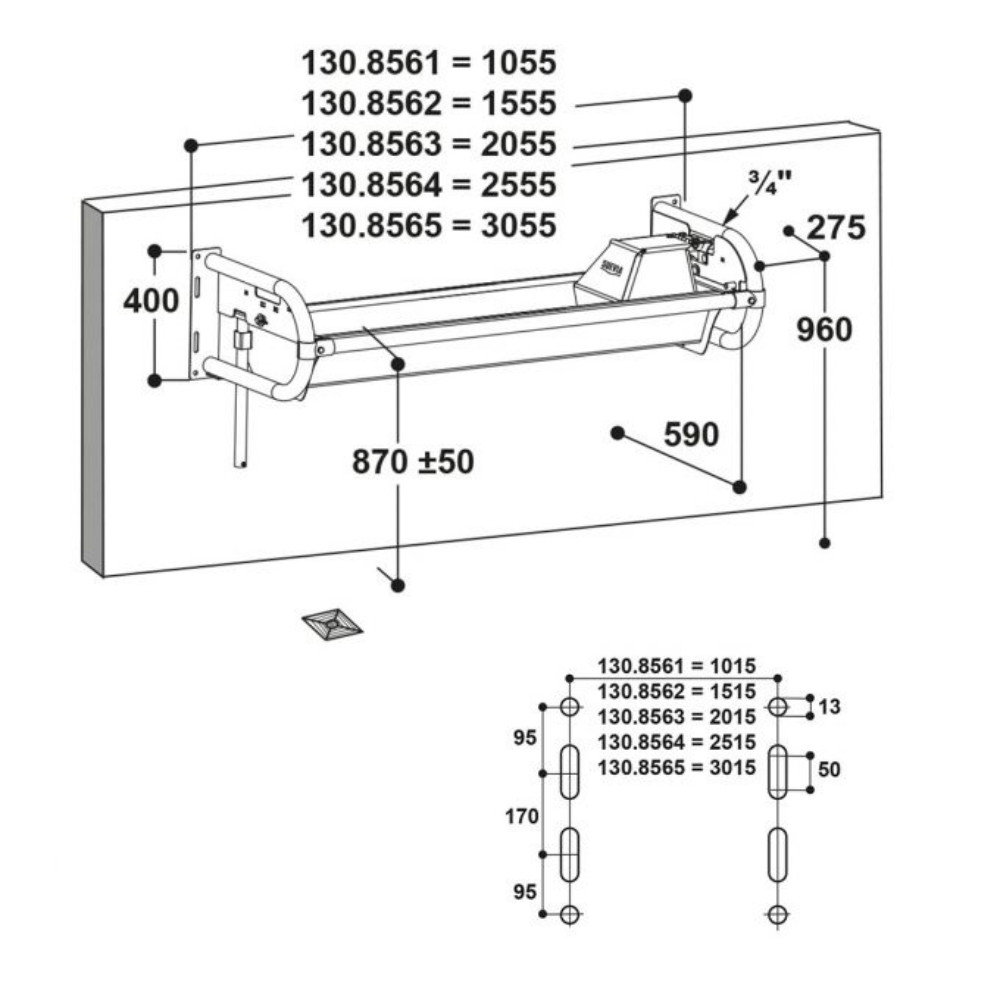 Izgāžama dzirdne, 2.0 m, stiprināma pie sienas, nerūsējošais tērauds